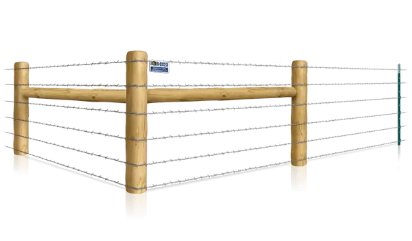 Barbed wire T-post fence with H-brace for farms in the Southern Wisconsin area.