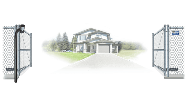 Chain Link swinging estate gate in open position