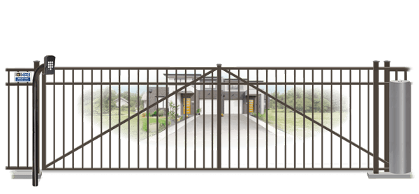 Metal sliding estate gate in closed position