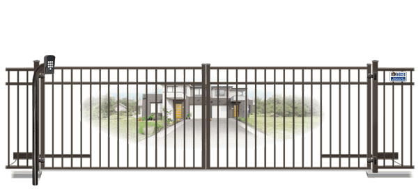 Metal swinging estate gate in closed position