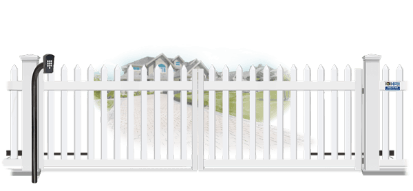Vinyl swinging estate gate in closed position