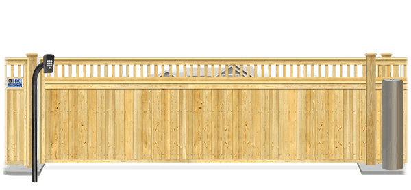 Wood sliding estate gate in closed position