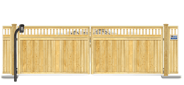 Wood swinging estate gate in closed position