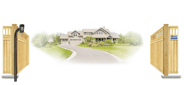 Wood swinging estate gate in open position