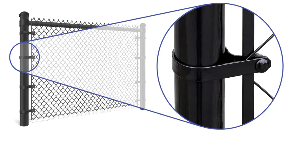 Detailed view of chain link fence bands connecting the wire mesh to the post